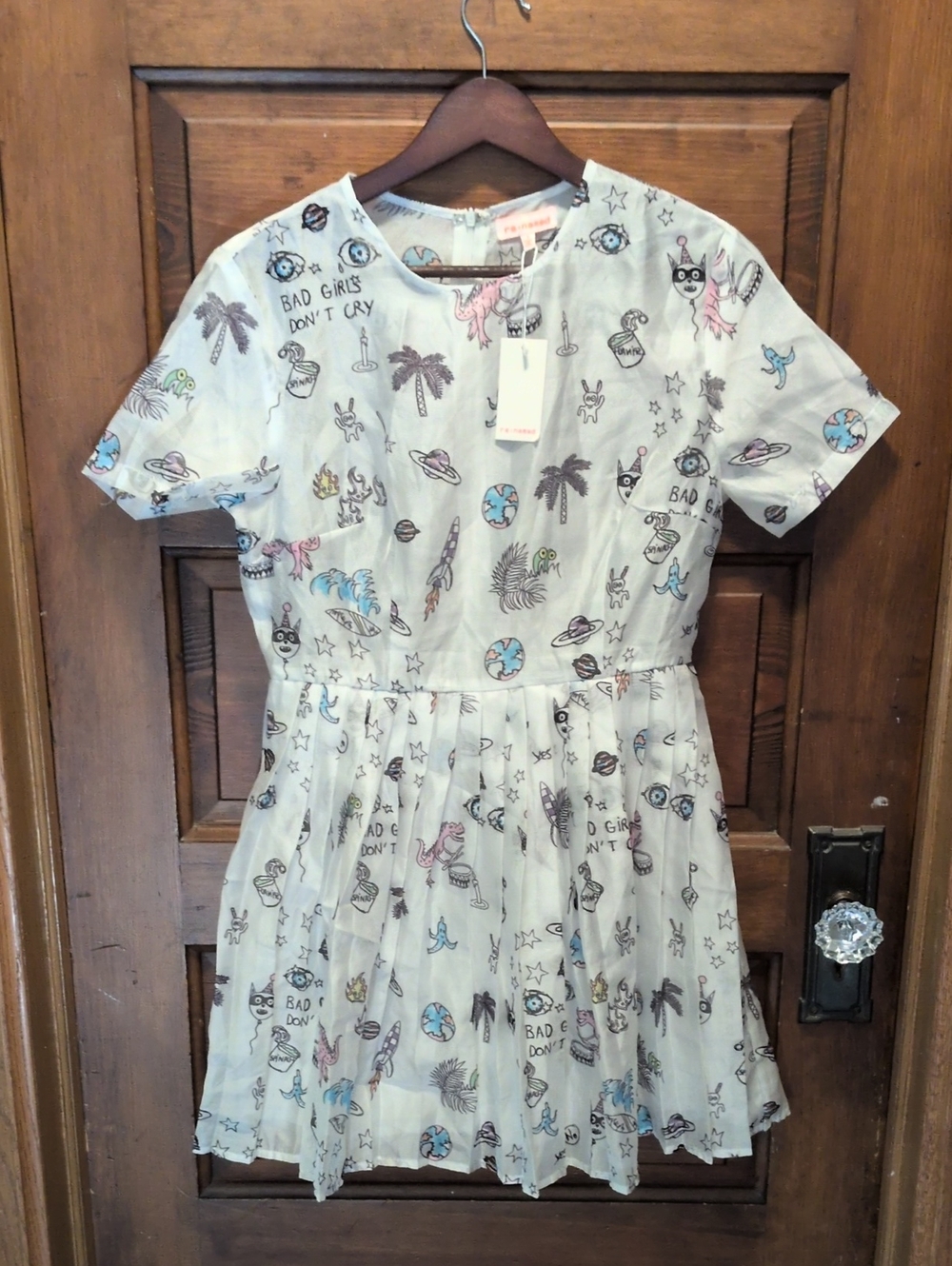 re:named White Short-Sleeve Printed Skater Dress Sz L
